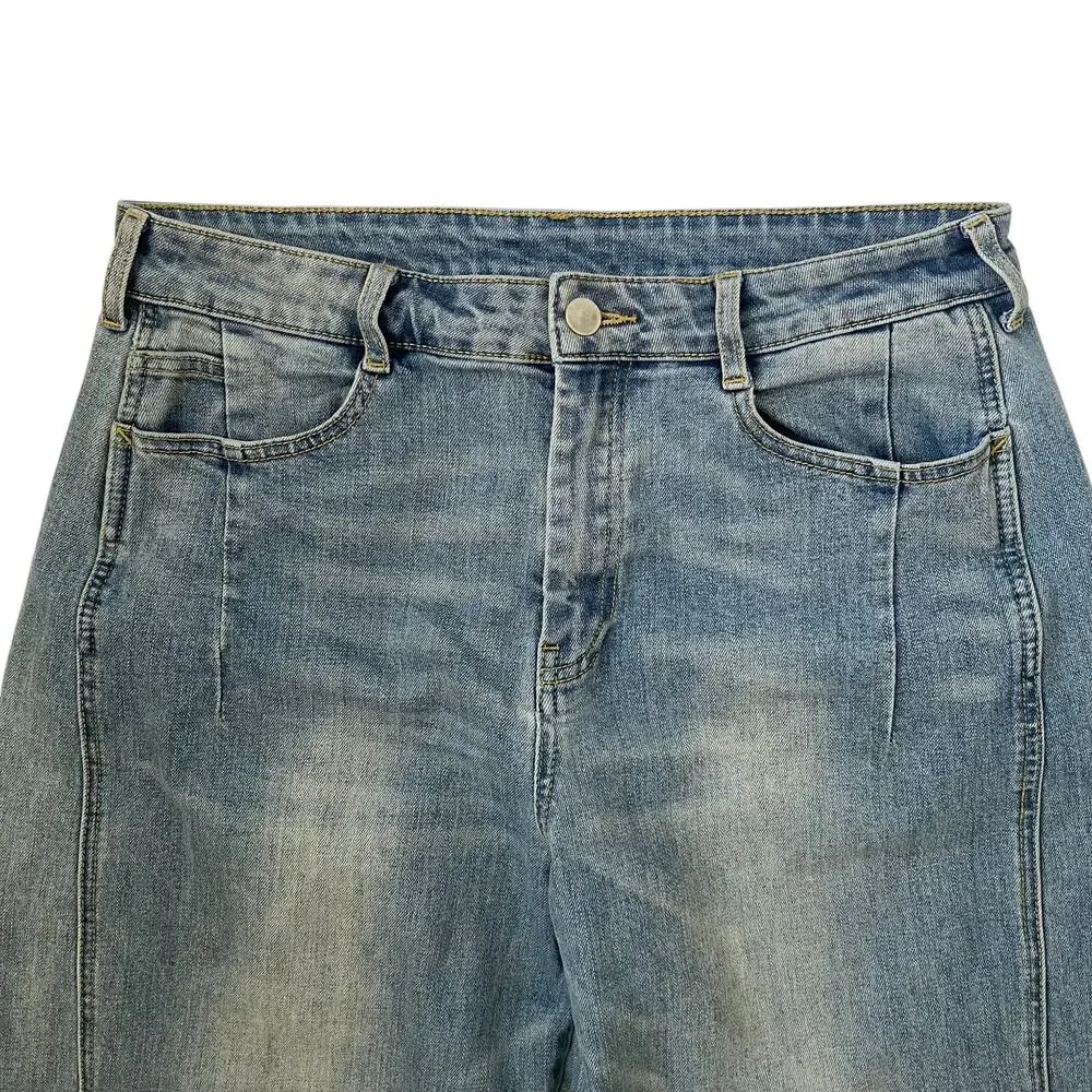 Miou Muse Barrel Jeans - Blue Denim - Wide Leg - Cropped - High-Rise - Size L